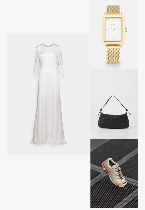 Valge satiinist pika varrukaga kleit ümmarguse kaelusega ja voolava A-joonega. Ühtlane tekstuur kerge läikega ja ilma nähtavate kaunistusteta.; Beež jooksujalats oranžide aktsentidega, millel on tekstuuriga ülemine osa, must paun ja integreeritud paelad. Omab GORE-TEX brändimist.; Must mustriga õlakott sujuvate nahkliistude ja tõmblukuga. Omab tekstuurset pinda ja kaarjat kuju.; Kuldne ristküliku kuju kell valge näoga, minimalistlike tunni markeritega ja metallvõrgust käevõruga. Omab külgmist kroonit, mis võimaldab aega reguleerida.