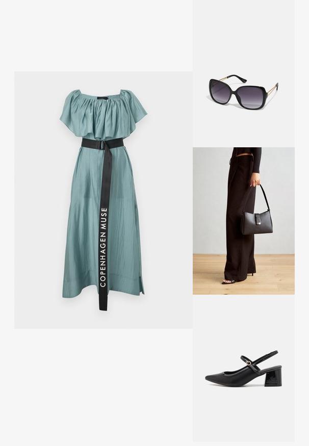 Ilga, plačiai krintanti suknelė, pagaminta iš muted teal audinio, su surinkta nude ant pečių apykakle ir juodu diržu talijoje, ant kurio užrašyta "COPENHAGEN MUSE".; Juodi patentinio odos slingback aukštakulniai su smailiu pirštu, apvaliu išpjovimu ir blokiniu kulnu. Papuošti auksiniu juostos akcentu.; Juodos didelės saulės akinių su pereinamais objektyvais, storomis rėmeliais ir auksinės spalvos grandinėmis ant šventyklų.; Juodas rankinė struktūrizuota forma, lygi tekstūra ir metalinis užsegimas. Suporuota su plačiomis juodomis kelnėmis ir atvirais bateliais ant medinių grindų.
