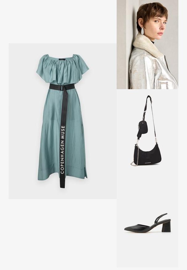Dolga, lebdeča obleka iz zmerno teal tkanine z nabranim dekoltejem brez naramnic in črnim pasom z napisom "COPENHAGEN MUSE".; Črne slingback čevlje s koničastim nosom, narejeni iz gladke usnje, s spodnjim blokom pete in tankimi trakovi na zadnji strani za varno prileganje.; Črna najlonska torba za rame s ukrivljenim oblikom, s srebrnim verižnim dodatkom, odstranljivim mini žepkom in nastavljivim trakom; vsebuje logotip "Steve Madden".; Srebrna metalik usnjena jakna s ovratnikom iz jagnječje kože, z zadrgo in strukturirano površino. Velike kapljaste uhane s prozornimi dragimi kamni.