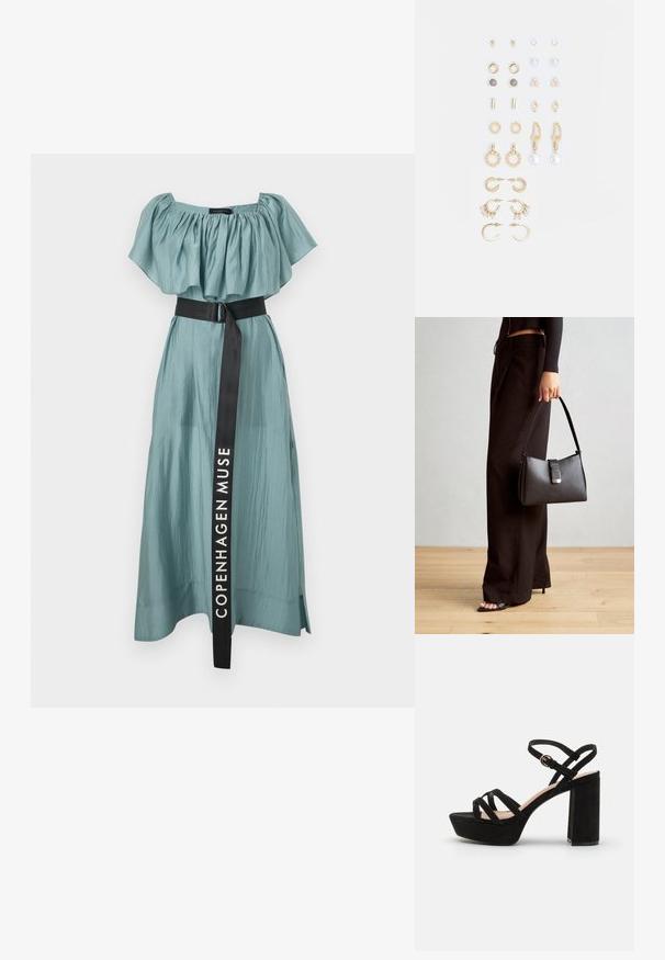 Pitkä, virtaava mekko haalean teal-värisestä kankaasta, jossa on kerätty olkapäiden yli kulkeva pääntie ja musta vyö, jossa on teksti "COPENHAGEN MUSE".; Mustakasta sukkalaista saapasta, jossa on lohkarepohja, ristiin menevät hihnat ja soljellinen nilkkastrappi, joka takaa tukevan istuvuuden.; Musta käsilaukku, jossa on rakenteellinen muoto, sileä pinta ja metallinen solki. Yhdistetty leveisiin mustiin housuihin ja avonaiheisiin sandaaleihin puulattialla.; Kultasetti kultaisenvärisiä korvakoruja, jotka sisältävät erilaisia muotoiluita, kuten nappikorviksia, rengaskorviksia ja roikkuvia korviksia, joissa on helmiä ja strasseja.