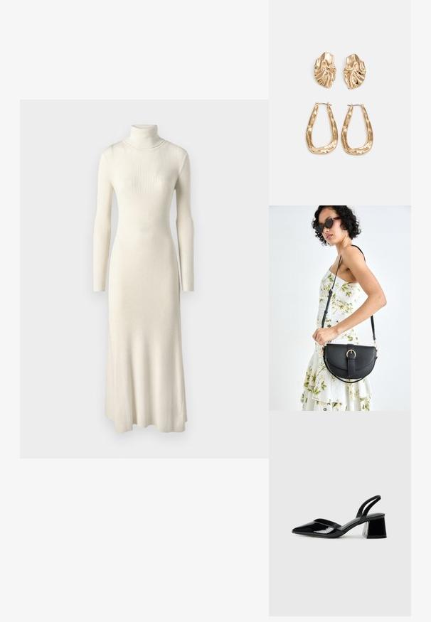 Riboto megztinio midi suknelė šviesiai balta, su aukštu kaklu ir ilgomis rankovėmis, flaringo silueto sijonu. Lygus paviršius visame. ; Juodos lakuotos odinės šlepetės su smailiu pirštu ir geometriniu bloko kulnu. Turi elegantišką, minimalistinį dizainą ir lygų paviršių.; Juodas odinis krepšys su išlenkta forma, nuimamu dirželiu ir auksiniais detalėmis. Krepšys turi kilpą su sagtimi.; Auksinės auskarai, turintys tekstūruotus, bangų formos elementus. Įeina skulptūriniai segami auskarai ir atviri lankai su išmuštu paviršiumi.
