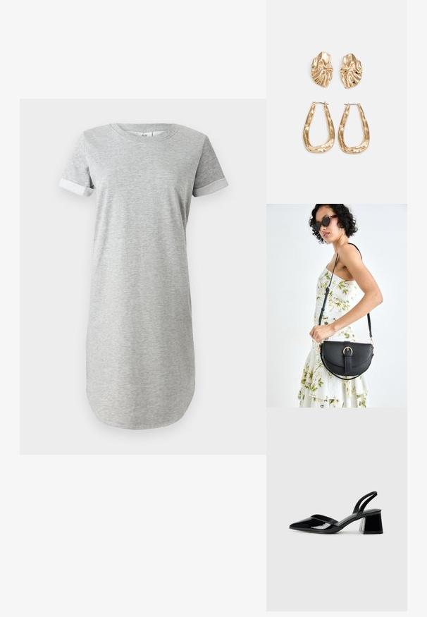 Rochie gri cu mâneci scurte, realizată din bumbac moale, având un guler rotund și mâneci cu tivuri. Textură netedă și croială lejeră.; Pantofi cu toc slingback din piele lacuită neagră, cu vârf ascuțit și toc geometric. Prezintă un design elegant, minimalist și o textură netedă.; Geantă din piele neagră, cu o formă curbată, curea detașabilă și accesorii aurii. Geanta are un capac cu un detaliu tip cataramă.; Cercei aurii cu forme texturate și ondulate. Include studs sculpturale cu clip și un design de cerc deschis cu un finisaj cioplit.