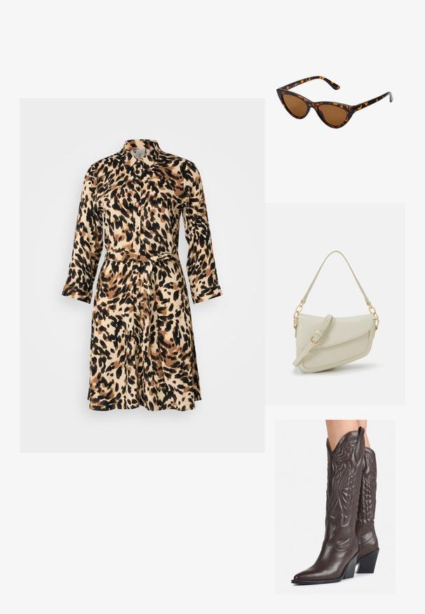 Beige és fekete leopárdmintás ingruha, gallérral, gombos záródással, hosszú ujjakkal és derékon elöl a hozzá illő övvel.; Barna bőr cowboy csizmák hegyes orral és blokk sarkal, részletes varrással és kiemelkedő díszítésekkel a szárán.; Cica szemüveg fekete és narancssárga teknőc pánttal, barna lencsékkel és sima, hegyes végekkel. A templomán egy minimalista logó található.; Kis krémszínű táska texturált felülettel, hosszú, állítható pánttal, láncos díszítéssel és fedéllel záródik. Aranyszínű fém részletek.