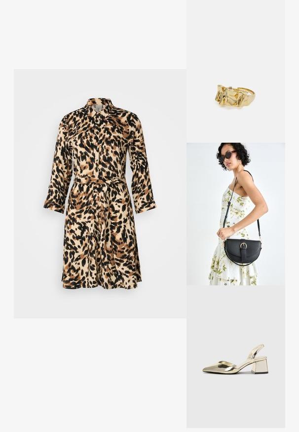 Burgundinės ir juodos leopardų rašto palaidinukės su apykakle, mygtukais, ilgomis rankovėmis ir suderintu diržu juosmens srityje.; Auksiniai, metaliniai slingback aukštakulniai bateliai su smailiu pirštu ir masyviu kulnu. Lygus paviršius, minimalizmo dizainas ir siaura juostelė.; Juodas odinis krepšys su išlenkta forma, nuimamu dirželiu ir auksiniais detalėmis. Krepšys turi kilpą su sagtimi.; Aukso žiedas su tekstūruotu, banguotu dizainu, turintis tris iškilias viršūnes. Lygus, blizgus paviršius su atviromis juostelėmis, leidžiančiomis reguliuoti dydį.