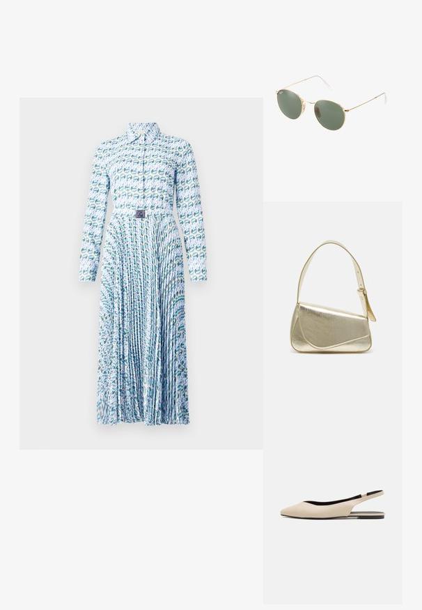 Tory Burch PRINTED DRESS - Tričkové šaty - blue lucky duck; Bežové kožené sandaľové ploché topánky s špicatou špičkou, minimalistickým dizajnom, hladkou textúrou a nízkou čiernou podrážkou.; Slnečné okuliare s zlatým kovovým rámom a zelenými šošovkami, okrúhly tvar, tenké nožičky a biele plastové akcenty na koncoch ramien.; Zlatá metalická kabelka so štruktúrovaným dizajnom, hladkou textúrou a nastaviteľným popruhom. Obsahuje jedinečný trojuholníkový tvar a minimalistické šitie.