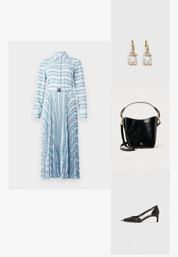 Tory Burch PRINTED DRESS - Srajčna obleka - blue lucky duck; Črni usnjeni čevelj z rahlo peto, z ostro srebrno konico in dvema paščkoma z zaponkama na belem ozadju.; Črna torbica iz usnja z embosiranim krokodiljim vzorcem, ukrivljene oblike, z zlatimi akcenti, nastavljivim trakom in podrobnostjo logotipa spredaj.; Zlato obarvani uhani, ki vsebujejo pravokoten, prozoren kristal, obešen pod vrsto majhnih, okroglih prozornih dodatkov. Elegantna, moderna zasnova.