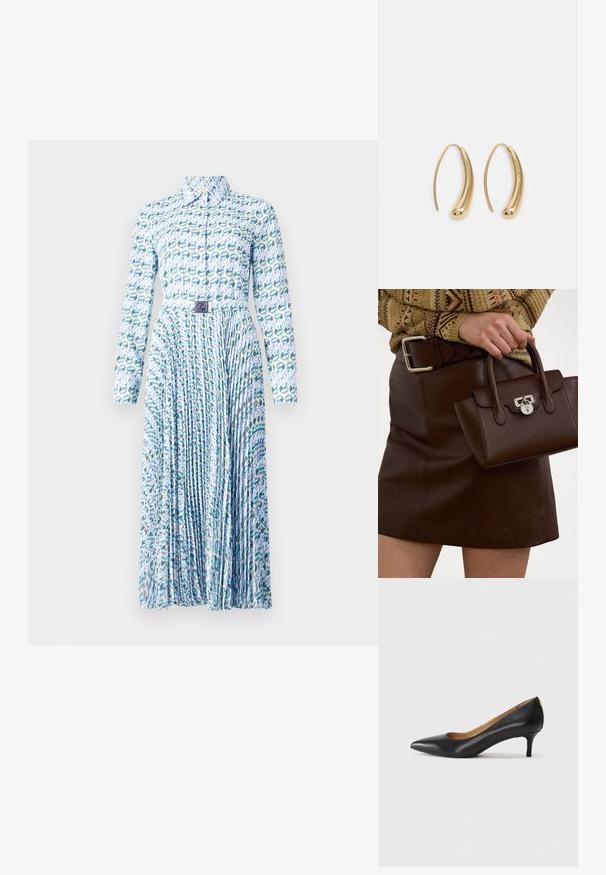 Tory Burch PRINTED DRESS - Marškininė suknelė - blue lucky duck; Juodos odinės aukštakulnės bateliai su smailiu nosiu, žemu kulnu ir lygiu paviršiumi. Priekyje yra nedidelis atvirumas, o gale minimalus apdaila.; Ruda oda rankinė su tekstūruotu paviršiumi ir sidabrinėmis detalėmis, laikoma rankoje šalia rudos odinės sijono ir raštuoto megztinio.; Auksinės metalinės auskarų kabės su lenktą, pailgą forma. Turi lygų, blizgantį paviršių ir užapvalintą galiuką papildomam akcentui.