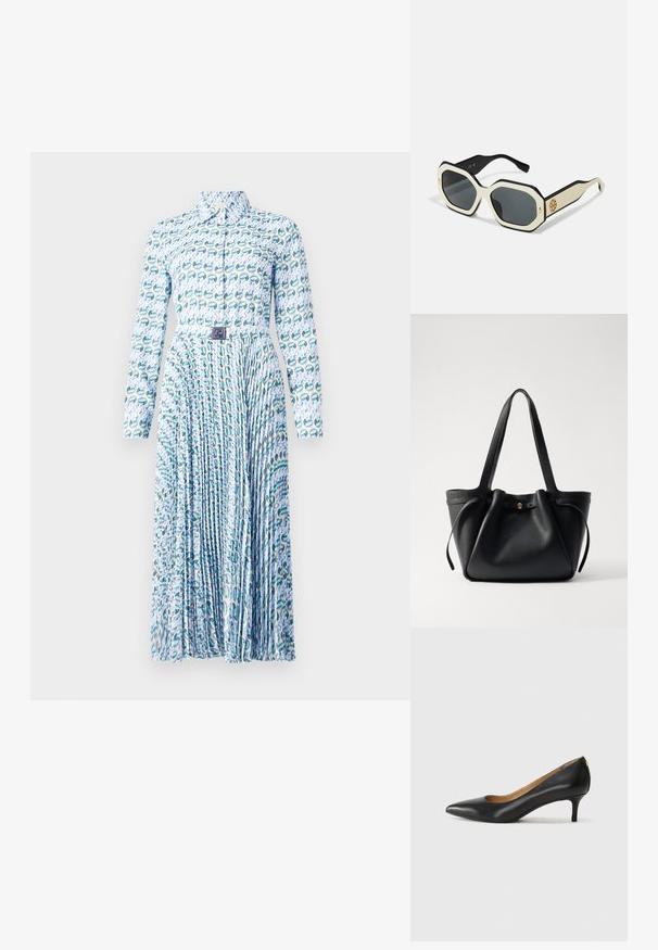 Tory Burch PRINTED DRESS - Kreklkleita - blue lucky duck; Melnas ādas augstpapēžu kurpes ar pīlādžu purngalu, zemu papēdi un gludu virsmu. Raksturīga neliela atvere priekšā un minimāls aprīkojums aizmugurē.; Saulesbrilles ar astoņstūrainu baltu rāmi, melniem malām un pelēkiem objektīviem. Zelta logotipa detaļa sānos piešķir unikālu akcentu.; Melna ādas roku soma ar divām garām siksnām, savilktu augšpusi un zelta apļveida akcentu. Gluda tekstūra ar minimālistisku dizainu.
