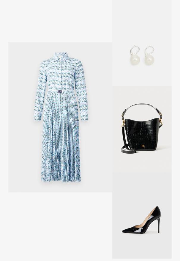 Tory Burch PRINTED DRESS - Kreklkleita - blue lucky duck; Melnā lakota ādas augstpapēžu kurpe ar norādītas formas purngalu un elegantu siluetu. Iespēj gludu, spīguļojošu apdari un šauru stiletto papēdi.; Melnas krokodila raksts ādas soma ar izliekta formu, zelta aparatūru, regulējamu siksnu un logotipa detaļu priekšpusē.; Pērļu pilienu auskari ar pulētu virsmu, ar sudraba toņa piekariņu un apaļām, baltām pērļām. Vienkāršs, klasiskas dizains.