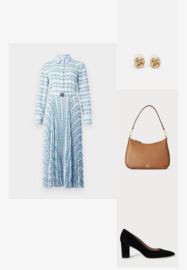 Tory Burch PRINTED DRESS - Särkkleit - blue lucky duck; Must musta kõrge kontsaga king, millel on terav nina ja plokk-konts. Disainil on sile tekstuur ja klassikaline siluett.; Pruun tekstuuriga nahast kott, millel on kaarjas kuju, kuldtoonist detailid ja üks õlapael. Omab lukuga sulgemist ja logo detaili.; Kuldse tooni sõlm kõrvarõngad, millel on keeratud disain. Igal kõrvarõngal on ringikujuline läbipaistev tagaosa, mis tagab kindla kandmise.