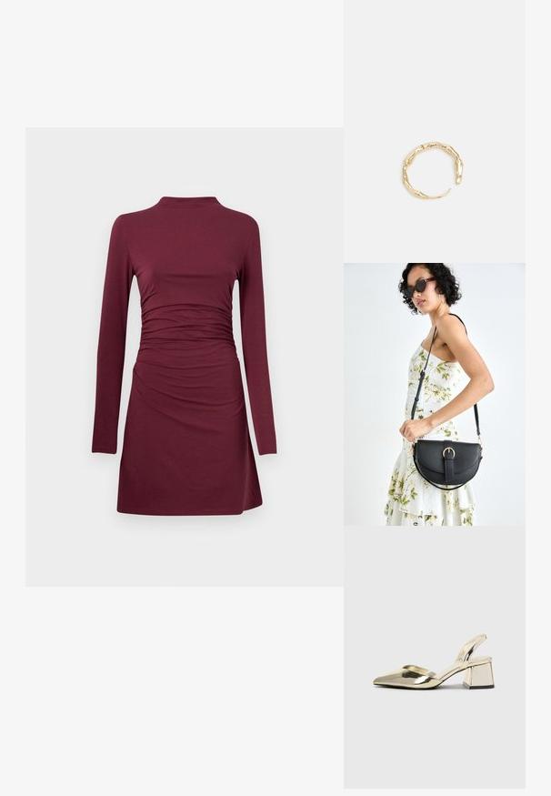 Abercrombie & Fitch PALOMA MINI DRESS - Obleka iz džersija - windsor wine; Zlati, kovinski slingback čeveljci z ostrim nosom in masivnim peto. Gladka tekstura, minimalistična zasnova in ozka zanka.; Črna usnjena torbica s ukrivljeno obliko, z odstranljivo naramnico in zlatimi dodatki. Torbica ima pokrov s podrobnostmi v obliki zaponke.; Zlati prstan s organskim, zvitim dizajnom, gladko površino in taperiranimi konci, ki ustvarja modernega, skulpturalnega videza.