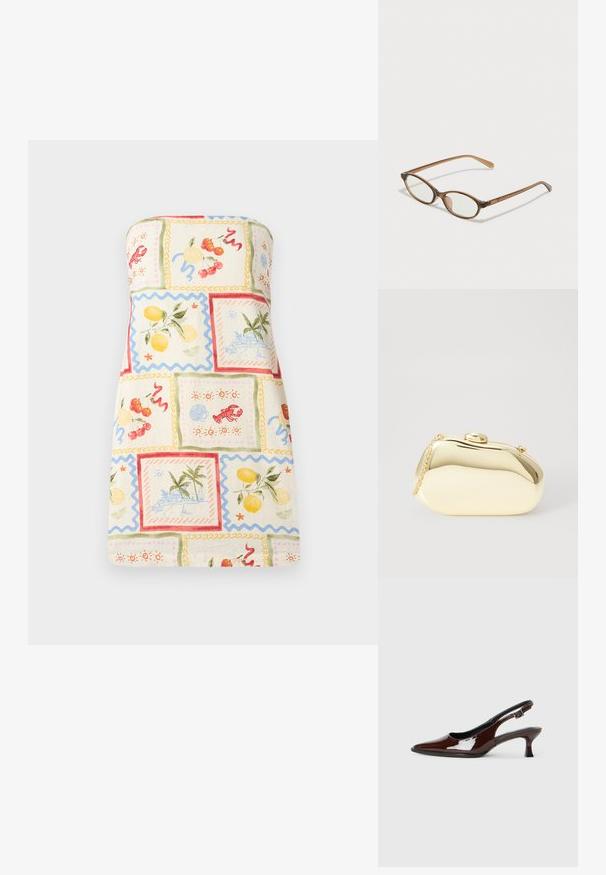 Vestido sin tirantes de tela ligera con un colorido patchwork de frutas y escenas costeras, con bordes emparejados y una paleta de colores pastel.; Zapato slingback de charol marrón con punta afilada y tacón moderado. Cuenta con una correa con hebilla para un ajuste seguro. Textura suave.; Gafas de carey marrón con lentes ovalados, patas delgadas y acentos transparentes. Presenta un sutil logo en la varilla. Diseño elegante y ligero.; Clutch metálico dorado con una forma suave y redondeada, que presenta un cierre de botón en la parte superior y una pequeña correa de cadena para llevar.