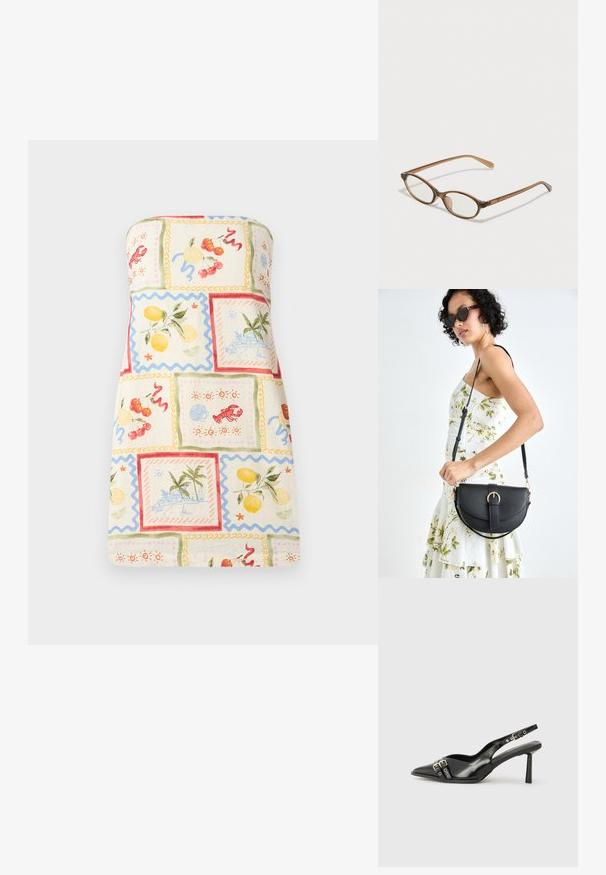 Haljina bez naramenica od laganog materijala s šarenim patchwork uzorcima voća i obalnih scena, s valovitim rubovima i pastelnom paletom boja.; Crna lakirana slingback cipela s izduženim vrhom, remenčićima oko gležnja s srebrnim kopčama i dijelovima, te vitkim potplatom.; Smeđe skupe naočale s ovalnim lećama, tankim drškama i prozirnim akcentima. Ima suptilan logo na sljepoočnici. Elegantan, lagan dizajn.; Crna kožna torba s lukovitim oblikom, odvojivim remenom i zlatnim detaljima. Torba ima preklop s kopčom.