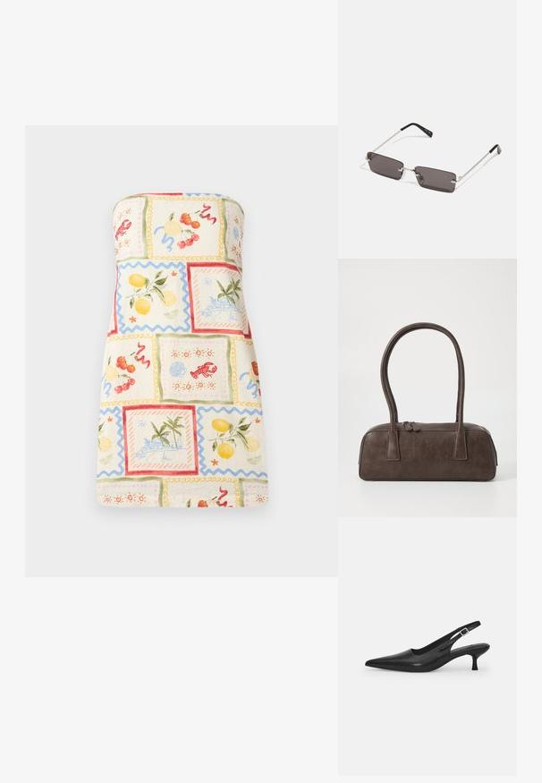 Bešalčio ir lengvo audinio suknelė, puošta spalvingu vaisių ir pakrantės peizažų koliažu, su banguotais kraštais ir pastelinių spalvų palete.; Juodos odinės slingback bateliai su smailiu nosiu ir plonu, lenktu kulnu. Yra diskretiška reguliuojama juostelė su metaliniu sagtimi.; Akiniai nuo saulės su stačiakampiais, tamsiai pilkais lęšiais, sidabriniais metaliniais rėmeliais ir juodais plastikiniais galiukais. Lengvas dizainas su nosies pagalvėlėmis.; Ruda odinė rankinė su dviem tvirtais rankenėlėmis, stačiakampio formos, lygi tekstūra ir užtrauktuku. Minimalistinis dizainas be matomų raštų.