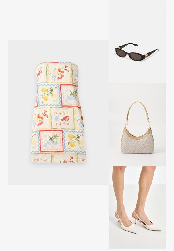 Robe sans bretelles en tissu léger présentant un patchwork coloré de fruits et de scènes côtières, avec des bordures en forme de vagues et une palette de couleurs pastel.; Escarpins à talon slingback en cuir verni beige avec un bout pointu et un talon de 5 cm, présentant des côtés découpés et une fine bride à la cheville.; Lunettes de soleil en écaille, avec des verres ovales allongés, teinte marron, accents de logo doré sur les branches et montures noires élégantes.; Sac à main en beige à motif, avec une forme incurvée, des accents en cuir et un logo en ton doré sur le devant. Il dispose d'une poignée courte pour un transport facile.; Collier en perles et cristaux avec un design rond et perlé dans des teintes douces, comportant des perles alternées et des accents scintillants, porté autour du cou.