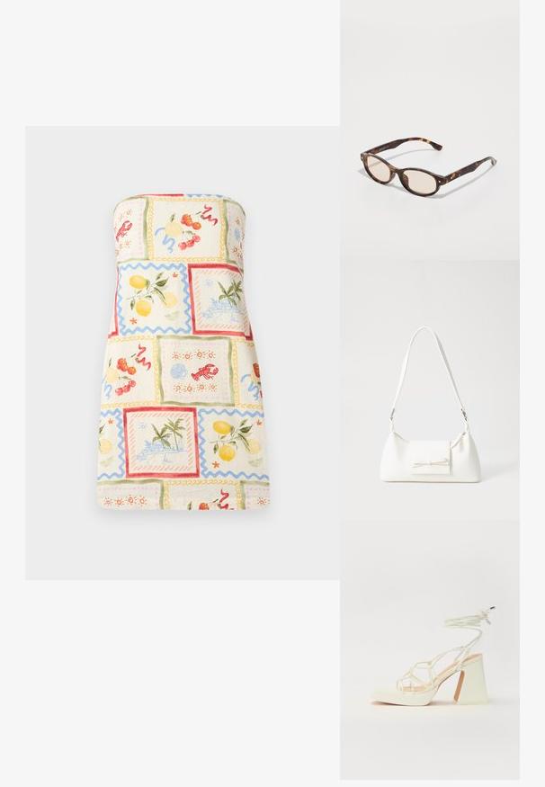 Vestido sem alças em tecido leve, apresentando um patchwork colorido de frutas e cenas costeiras, com bordas onduladas e uma palete de cores pastel.; Sandálias brancas de salto alto com um salto robusto, apresentando um design com tiras e amarração no tornozelo. Textura suave com uma plataforma na frente para altura adicional.; Óculos de sol em padrão tartaruga com formato arredondado e lentes claras. Apresentam hastes robustas com pequenos detalhes em dourado, feitos de material plástico.; Mala sintética branca com formato triangular, aba frontal plana e detalhe de laço, alça ajustável, textura suave e design minimalista.