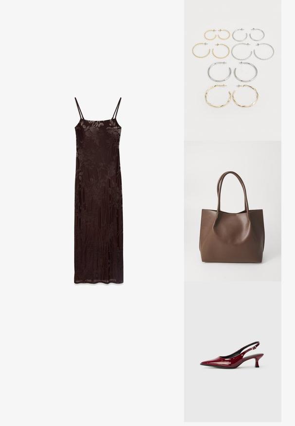 Pikk, ilma varrukateta kleit tumepruuni kangaga, millel on lillemuster. Omab õhukesi rihmasid ja vormitud siluetti, sileda tekstuuri ning voolavat disaini.; Burgundia läikivast nahast slingback-kontsaga kingad, millel on terav varvas ja stiilne stiletto-tald. Avatud tagaosa disain koos reguleeritava pahkluu rihmaga.; Pruun nahkne kott kahe pika sangaga, struktureeritud kuju, sile pind ja minimalistik disain. Ilma nähtava riistvara või aksessuaarideta.; Kaksitoista rõngaskõrvarõngast hõbe- ja kuldtoonides. Sisaldab keerutatud, siledat ja tekstureeritud disaini erinevates suurustes ja viimistlustes.