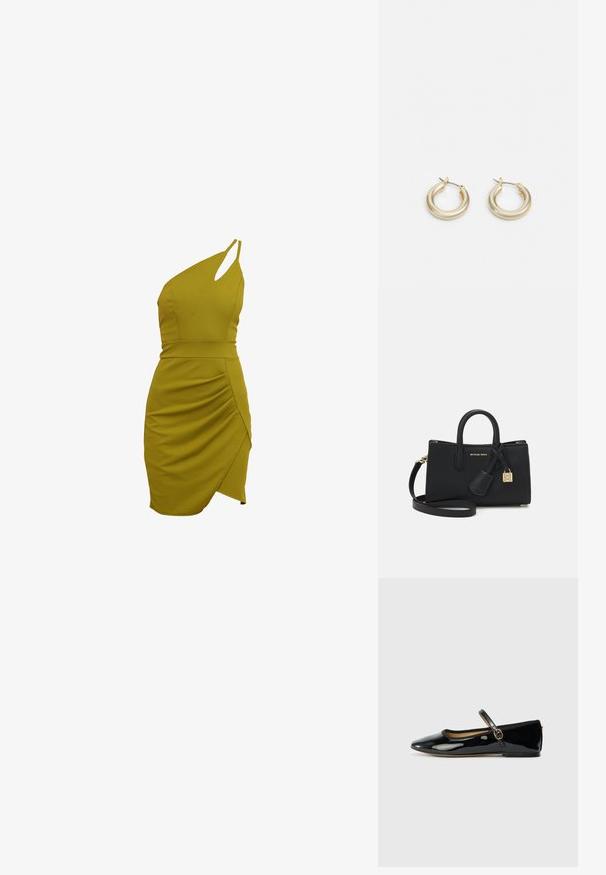 Kratka haljina s jednim ramenom, maslinasto zelene boje, s tijesnom siluetom, naglašenim naborima sa strane i asimetričnim donjim rubom. Izrađena od rastezljivog materijala.; Crne patentirane kožne balerinke s šiljastim vrhom i uskom kopčom na svijetlosivoj pozadini.; Crna kožna torba s strukturiranim dizajnom, gornjim ručkama i odvojivim remenom za rame. Sadrži zlatne metalne dijelove i privjesak s logotipom.; Lauren Ralph Lauren BASIC SMALL HOOP - Naušnice - gold-coloured
