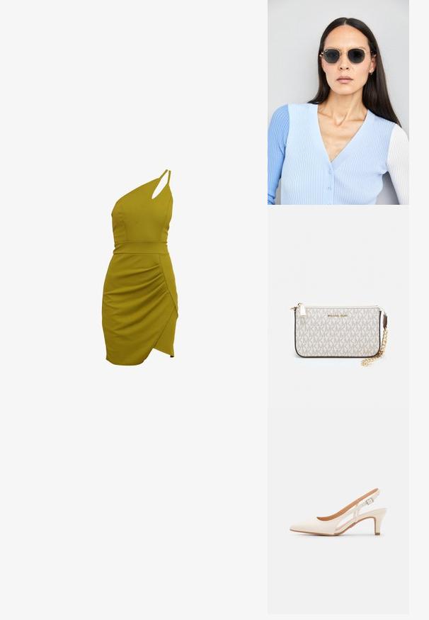 Sukienka na jedno ramię w kolorze oliwkowym, o dopasowanym kroju, z marszczeniami po boku i asymetrycznym dołem. Wykonana z elastycznego materiału.; Biała szpilka slingback z ostrym noskiem, gładkim materiałem wierzchnim, niskim obcasem blokowym oraz wycięciami po bokach i regulowanym paskiem z klamrą.; Okrągłe okulary przeciwsłoneczne z ciemnymi soczewkami i złotymi ramkami. Modelka nosi jasnoniebieski kardigan w prążki z guzikami i białymi rękawami w kontrastowym kolorze.; Portfel na nadgarstek marki Michael Kors w beżowej, pokrytej płótnem, z powtarzającym się wzorem logo MK, złotym okuciem i odpinanym łańcuszkowym paskiem.