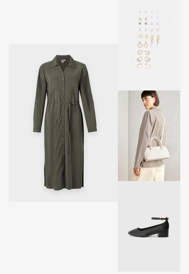 Oliven grønn langermet skjortekjole med krage, frontknapper, to brystlommer og belte i midjen. Sidelommer for enkel bevegelse.; Sorte skinnpumper med spiss tå og lav blokkhelt. Har ankelrem med gullfarget spenne. Glatt tekstur.; Hvit strukturert håndveske med korte håndtak og skulderreim, med detaljer i gullfinish og teksturert materiale, vist mot en grå bakgrunn.; Sett med gullfargede øredobber med ulike design, inkludert stikkere, hoops og hengende deler med perler og rhinestones.