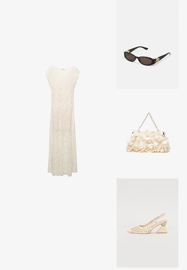 Lange kanten maxi-jurk in off-white met een losse pasvorm, kapmouwen en een bloemenpatroon. De stof is semi-doorzichtig met een vloeiende silhouet.; Beige slingback schoen met geperforeerde bovenkant, puntige neus en een contrasterende driehoekige hak met een gouden accent. Over het algemeen een gladde textuur.; Schildpadbril met langwerpige ovale lenzen, bruine tint, gouden logo-accenten op de pootjes en slanke zwarte armen.; Witte bloemenhandtas met een gatherend stoffen oppervlak, gouden kettingriem en metalen sluiting. Heeft textuur op de bloemblaadjes voor extra detail.