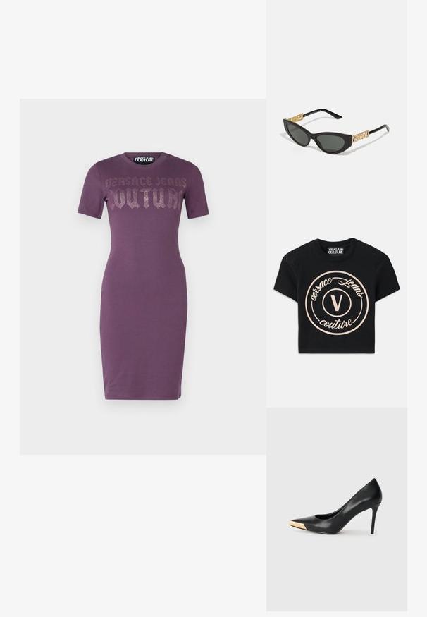 Fialové šaty slim-fit s krátkým rukávem a textem "Versace Jeans Couture" z kamínků napříč hrudníkem, délka po kolena s kulatým výstřihem.; Černé bavlněné tričko s velkým béžovým kruhovým logem, na kterém je nápis "Versace Jeans Couture" a uprostřed elegantní písmeno "V". Krátké rukávy.; Černé kožené vysoké podpatky s špičatou špičkou; obsahují kovový zlatý akcent na špičce. Hladký povrch s elegantním designem.; Černé sluneční brýle ve stylu kočičích očí s tmavými skly, se zlatými geometrickými akcenty na stranicích a elegantním matným povrchem.
