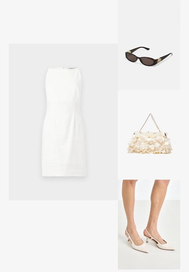 Biele bezrukávové šaty s priliehavým strihom, hladkou textúrou a skrytým zipsom na chrbte. Minimalistický dizajn bez vzorov alebo akcentov.; Bežové lakované lodičky na podpätku so špicatou špičkou a 5 cm podpätkom, s výrezmi po stranách a tenkým remienkom okolo členka.; Slnkové okuliare v korytnačkovom dizajne s predĺženými oválnymi šošovkami, hnedým tónovaním, zlatými logovými akcentmi na spánkoch a elegantnými čiernymi ramenami.; Biela kvetinová taška s nariaseným textilným povrchom, zlatým reťazovým popruhom a kovovým zámkom. Obsahuje textúrované okvetné lístky pre väčší detail.