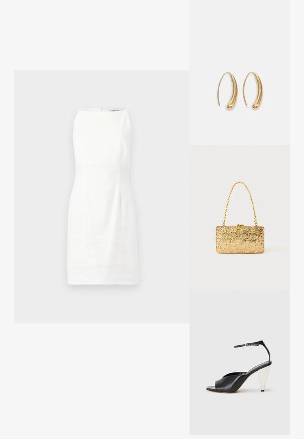 Vestido blanco sin mangas con forma entallada, textura suave y cremallera oculta en la parte posterior. Diseño minimalista sin patrones ni acentos.; Sandalia de tacón alto de cuero negro con punta abierta, diseño asimétrico, tirante en el tobillo y tacón en forma de cono metálico. Textura suave en toda la superficie.; Clutch dorado de lentejuelas con forma rectangular, que presenta un asa de cadena trenzada y un cierre de metal, reflejando la luz con un acabado texturizado.; Pendientes de aro de metal en tono dorado con una forma curva y alargada. Presentan una superficie lisa y brillante y una punta redondeada para mayor detalle.