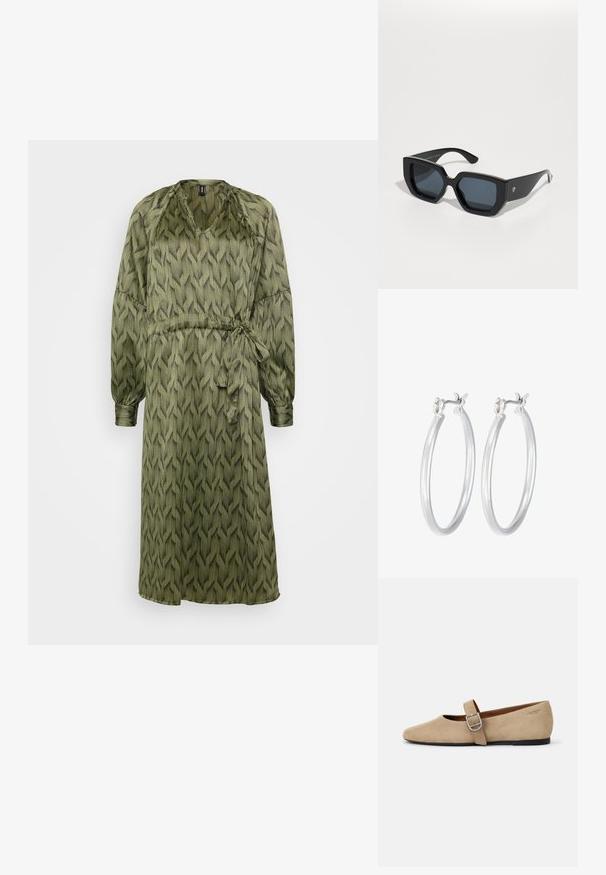 Olívovo zelené šaty s geometrickým vzorom, dlhými rukávmi, výstrihom do V, pásom na šnúrku a voľným strihom. Vyrobené z ľahkej, textúrovanej tkaniny.; Béžové semišové Mary Jane balerínky s špicatou špičkou a jedným nastaviteľným pásikom so striebornou prackou. Čierna plochá podrážka.; Čierne nadrozmerné slnečné okuliare s geometrickým vzorom, obdĺžnikové šošovky a lesklý povrch. Na prednej strane nie sú viditeľné žiadne značky.; Strieborné kruhové náušnice s hladkým, lesklým povrchom. Kolový tvar a bezpečné klikanie na uzatváranie. Ľahký dizajn vhodný na každodenné nosenie.