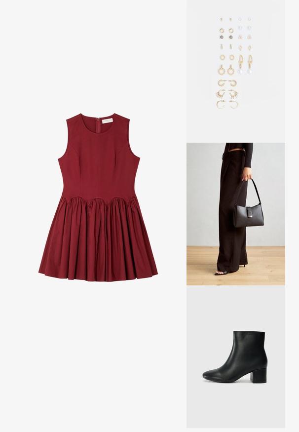 Červené bavlněné šaty s dobře padnoucí korzetovou částí, výstřihem ve tvaru lodi a skladanou sukní. Obsahují zadní zip a nařasené detaily v pase.; Černé kožené kotníkové boty s špičatou špičkou a robustním podpatkem. Hladký povrch s minimálními akcenty a elegantním, přiléhavým designem.; Černá kabelka se strukturovaným tvarem, hladkým povrchem a kovovým uzávěrem. Kombinována s širokými černými kalhotami a sandály s otevřenou špičkou na dřevěné podlaze.; Sada náušnic ve zlatém tónu s různými designy, včetně pecek, kruhů a visacích kousků s perlami a rhinestony.