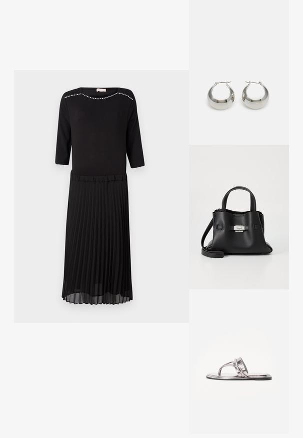 Black dress with a fitted top and pleated skirt. Features a round neckline adorned with silver studs and three-quarter length sleeves.; Metallic silver flat sandal with a curved strap design and a thin sole. Features a toe loop and minimalistic aesthetic.; Black leather handbag with a textured finish, featuring two top handles, a detachable shoulder strap, and a silver clasp detail.; Silver metal hoop earrings with a smooth, shiny surface and a structured, rounded design. Features a hinged clasp for secure wear.