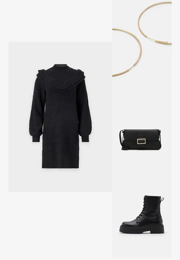 Melnas adītas kleitas ar ribotu tekstūru, plaša kroku apkakle un garas, pūkainas piedurknes, beidzas virs ceļgaliem.; Melni ādas potītēm zābaki ar apļveida purngalu, auklām priekšpusē un biezu gumijas zoli ar teksturētu protektoru. Velkšanas cilpa aizmugurē.; Melnas ādas saķeres soma ar atloku un zelta metāla sprādzi. Ietver melnu siksnu un elegantu, minimālistisku dizainu.; Zelta krāsas auskari gredzena formā, plāni un apaļi, ar gludu metāla apdari un bez rotājumiem vai zīmējumiem.