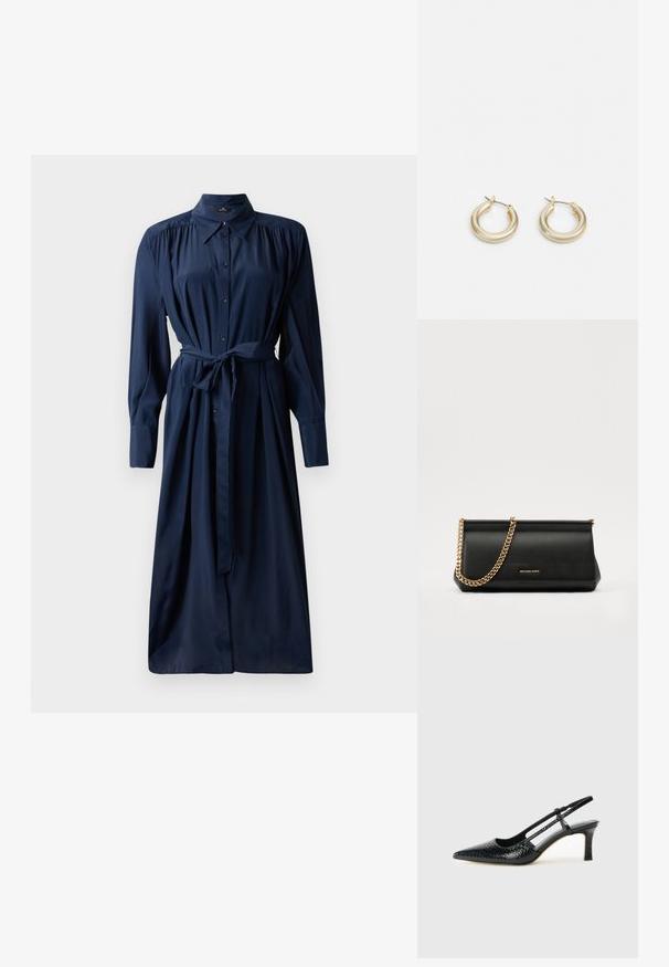 Abito blu navy con bottoni, maniche lunghe, spalle arricciate, cintura in vita e gonna fluttuante. Realizzato in tessuto morbido con una texture liscia.; Slingback con tacco in vernice nera con punta affusolata, caratterizzato da una stampa a serpente testurizzata, cinturino regolabile e un tacco corto e testurizzato.; Clutch bag in pelle nera con tracolla in catena dorata, caratterizzato da una superficie liscia, forma rettangolare e branding in rilievo sul davanti.; Lauren Ralph Lauren BASIC SMALL HOOP - Orecchini - gold-coloured