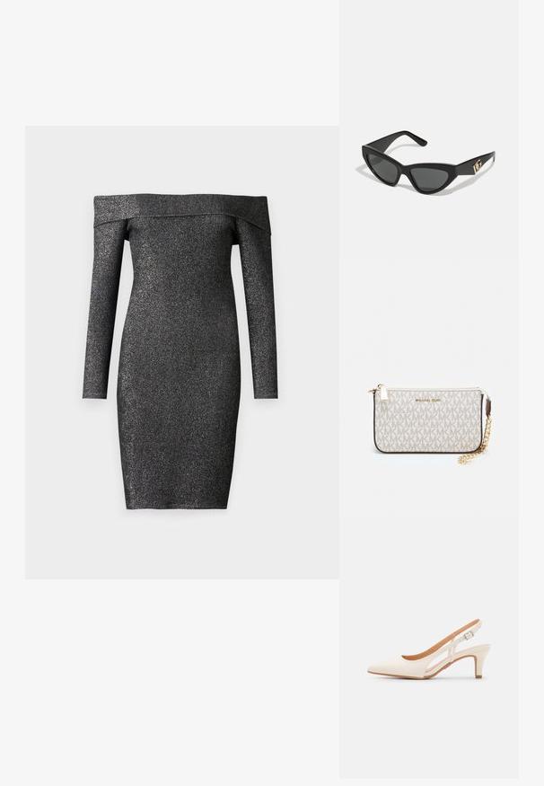 Váll nélküli, fekete ruha hosszú ujjal, csillogó anyagból készült, testhezálló fazonú, térd alá érő, sima textúrájú.; Fehér slingback sarok, hegyes orral, sima felső anyaggal, alacsony blokk sarkával és oldalsó kivágott dizájnnal, állítható csatpánttal.; Macska szemformájú napszemüveg matt fekete műanyag kerettel, sötét lencsékkel és arany logóval a szárán. Szögletes kialakítás és sima felület.; Michael Kors bézs bevonatos vászon karkötő, amely ismétlődő MK logó mintával, aranyszínű fémrészletekkel és levehető lánchordóval rendelkezik.