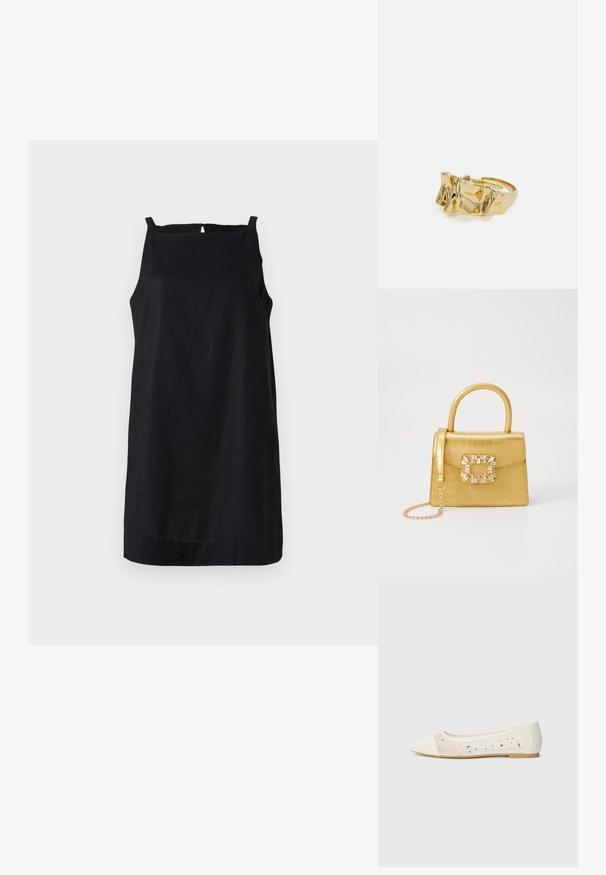 Schwarzes ärmelloses Kleid aus leichtem Stoff mit geradem Saum und einem Rückenausschnitt. Einfaches, minimalistisches Design.; Spitz zulaufende Ballerinas aus cremefarbenem Leder mit transparentem Obermaterial, verziert mit verstreuten Strasssteinen. Weiche Sohle für Komfort, minimalistische Gestaltung.; Gelbe Kunstleder-Handtasche im Krokodil-Look mit strukturiertem Design, Obergriff, abnehmbarem Kettenriemen und dekorativer Kristallverzierung am Verschluss.; Goldring mit strukturiertem, wellenförmigem Design, das drei markante Spitzen aufweist. Glatte, glänzende Oberfläche mit einem offenen Band für einen verstellbaren Sitz.