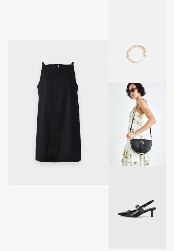 Čierne bezrukávové šaty vyrobené z ľahkej tkaniny so strihaným spodným okrajom a detailom v tvare kľúčovej diery na zadnej strane. Jednoduchý, minimalistický dizajn.; Čierne patentové kožené sandále na podpätku so špicatou špičkou a malým blokovým podpätkom, s dekoratívnou striebornou sponou na remienku.; Čierna kožená kabelka s zaobleným tvarom, odnímateľným popruhom a zlatými doplnkami. Kabelka má klopu s detailom s prackou.; Prsteň v zlatej farbe s organickým, skrúteným dizajnom, hladkým povrchom a zužujúcimi sa koncami, vytvárajúci moderný, sochársky vzhľad.