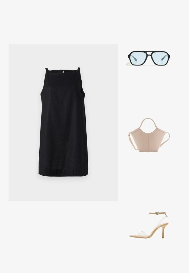 Crna haljina bez rukava izrađena od lagane tkanine s ravnim rubom i detaljem otvora na leđima. Jednostavan, minimalistički dizajn.; Sandal s prozirnim potplatom i prozirnim gornjim dijelom, bež uloškom i tankim remenom oko gležnja. Ima špicasti vrh i tanak visoki potplat.; Crne sunčane naočale s pravokutnim okvirima, plavim staklima i posebnim dizajnom nosača. Elegantna površina, suptilna tekstura.; Bež kožna torba jedinstvenog oblika, s dva kratka ručka i dugom podesivom trakom. Glatka tekstura s minimalnim metalnim dodacima.