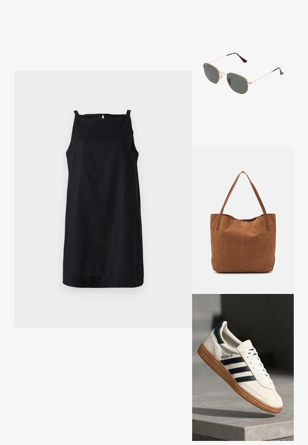 Črna brezrokavna obleka iz lahkega materiala s ravnim robom in detajlom ključavnice na hrbtu. Preprost, minimalističen dizajn.; Bela nubuk superga s športnimi trakovi v temno modri barvi, gumijastim podplatom, strukturirano zgornjo plastjo, okroglim nosom in vezalkami; vsebuje blagovno znamko na strani in jeziku.; Sončna očala z zlatim kovinskim okvirjem in temno zelenimi lečami, aviatorskega sloga, z vitekimi ročaji in želvovim vzorcem na konicah.; Rjava nubuk torba z dvema dolgima ročajema, ki ima gladko teksturo, preprost dizajn in brez vidnih kovinskih delov ali okrasov.