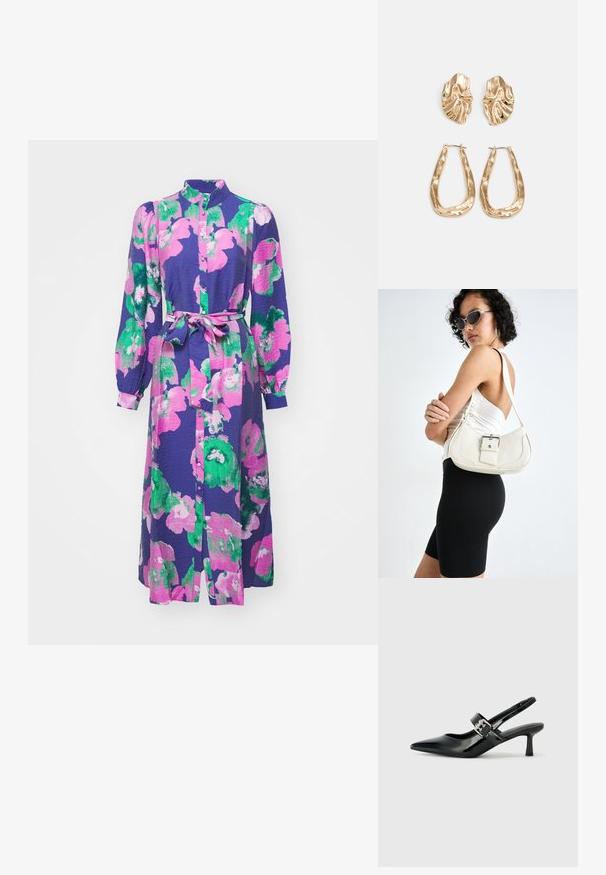 Vestido floral em roxo com padrões verdes e cor-de-rosa, apresentando um colarinho, mangas longas e um cinto na cintura amarrado. Design com botões na parte da frente.; Saltos slingback em verniz preto com bico pontiagudo e um pequeno salto bloco, apresentando um detalhe de fivela prateada na tira.; Bolsa de couro branca com um formato curvado, alça ajustável e um pequeno detalhe de fivela. Modelo usa um traje preto ajustado.; Brincos em tom de ouro com formas onduladas e texturizadas. Inclui studs escultóricos com presilha e um design de argola aberta com um acabamento martelado.