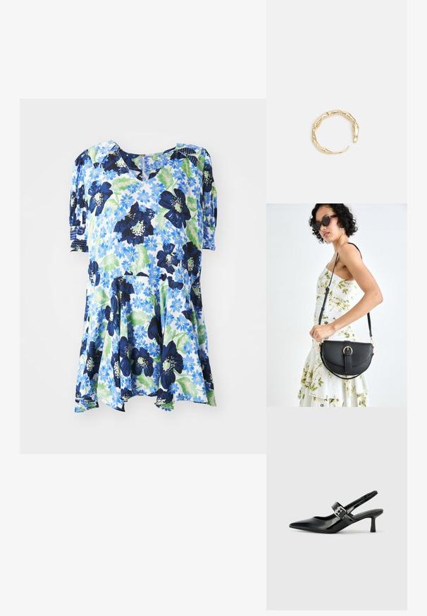 Kukallinen tunikamekko vaaleansinisena, jossa on tummansinisiä, vihreitä ja valkoisia kukkia. Mekossa on V-pääntie, lyhyet hihat ja A-linjainen muoto.; Musta patenttinaahkakengät, joissa on osoittava kärki ja pieni lohko korko, varustettuna hopeisella soljella hihnassa.; Musta nahkainen käsilaukku, joka on kaareva muotoilultaan, irrotettavalla hihnalla ja kultaisilla yksityiskohdilla. Laukussa on läppä, jossa on solk yksityiskohta.; Kultaketju, jossa on orgaaninen, kierretty muotoilu, sileä pinta ja cappatut päät, luoden modernin, veistoksellisen ilmeen.