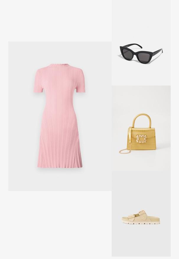 Růžové šaty po kolena s krátkými rukávy, ribovanou texturou, mírným volánkem na výstřihu a A-liniovým střihem. Hladký povrch.; Beige klouzavé sandály s dvěma nastavitelnými zlatými sponami, měkkým svrchním materiálem z semiše, strukturovanou podrážkou a mírnou výškou platformy pro pohodlí.; Černé sluneční brýle ve stylu kočičích očí s matným povrchem, vybavené šedými zabarvenými skly, ostrými liniemi a elegantními bočními rameny. Název značky viditelný na vnitřní straně ramene.; Žlutá kabelka z umělé krokodýlí kůže se strukturovaným designem, horním uchopem, odnímatelným řetízkovým popruhem a dekoračním krystalovým zdobením na zapínání.