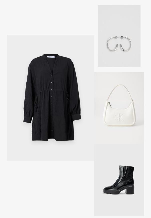 Juodas marškinėlis su mygtukais, pagamintas iš tekstūrinio audinio, su V formos iškirpte, ilgomis rankovėmis su rankogaliais ir reguliuojamu raiščiu juosmens detalėje.; Juodi lakiniai auliniai batai iki kulkšnies, su išlenktu pirštu, elastinėmis šoninėmis panelėmis ir masyviu blokuotu kulnu. Apdailoje užpakalinėje dalyje įspaustas logotipas.; Balta odinė rankinė su išlenkta forma, su reljefiniu "CK" logotipu priekyje ir viena petneša. Užtrauktuko uždarymas viršuje.; Sidabrinės auskarai žiedai su lygiu, blizgiu paviršiumi. Suapvalinta forma, lengvas dizainas, su uždarymu ant smeigtuko.