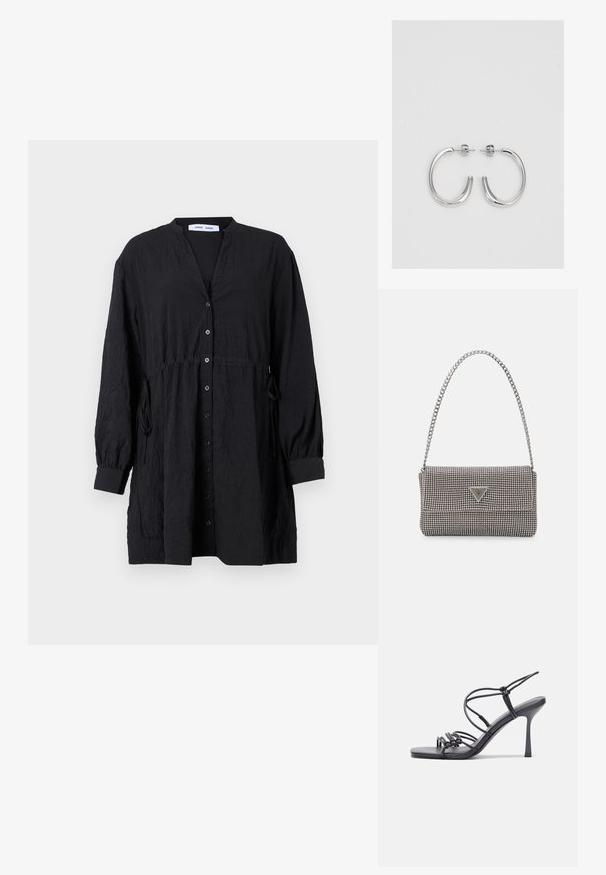 Cămașă neagră cu nasturi, dintr-un material texturat, având decolteu în V, mâneci lungi cu manșete și un detaliu la talie cu șnur reglabil.; Sandale negre cu toc înalt au curele subțiri cu un design legat, un vârf pătrat neted și un toc stiletto elegant.; Geantă metalică gri deschis, cu un strap din lanț, decorată cu mici ținte circulare metalice și un logo de marcă triangular.; Cercei rotunzi din argint cu un finisaj neted și strălucitor. Design ușor, având o formă rotundă și închidere cu tijă.