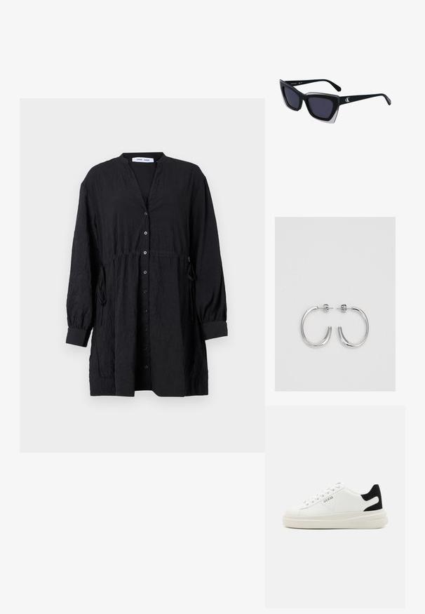 Must must shirt, mille tekstuuriga kangast, V-kaelusega, pikkade varrukatega, millega on mansetid ja reguleeritava nöörikujundusega taljeosa.; Valged nahast tennisetossud paksu valge tallaga, musta sametist kontsakeeuga ja külje peal riigilogo reljeefne kujundus. Lukkeskeem kuue silmaauguga.; Mustad suured mustad prillid geomeetrilise kujuga, tumedate läätsedega ja kontrastse halli detailiga raamidel. Logo käe peal.; Hõbedast rõngaskõrvarõngad sileda ja läikiva pinnaga, kõveriku kujuga ning postitaksega sulgur. Minimalistlik disain kaasaegse viimistlusega.