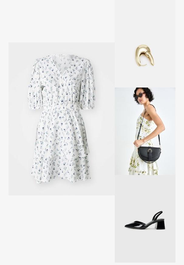 Bijela cvjetna haljina s plavim uzorcima, kratkim puf rukavima, v-izrezom, zatvaranjem na dugmad, nabranim strukom i višeslojnim volanom na rubu.; Crne lakirane kožne sandale s otvorenom petom i špicastim vrhom, s geometrijskom blok petom. Imaju elegantan, minimalistički dizajn i glatku teksturu.; Crna kožna torba s lukovitim oblikom, odvojivim remenom i zlatnim detaljima. Torba ima preklop s kopčom.; Zlatne metalne naušnice s elegantnim, zakrivljenim dizajnom. Imaju karakterističan šiljast oblik, poliranu površinu i zatvaranje na šarku.