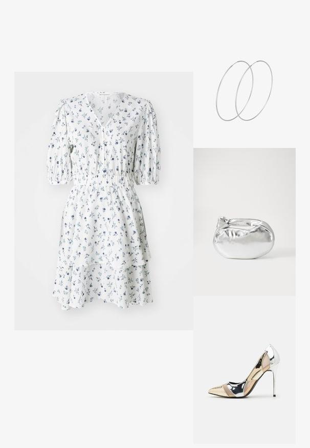 Bela cvetna obleka z modrimi vzorci, kratkimi napihnjenimi rokavi, V-izrezom, z gumbom za zapiranje, nabranim pasom in plastnatim volančkom.; Čevlji z visoko peto in konico, v barvni kombinaciji srebrne, zlate in nude. Sijajna obdelava z izrezljanim dizajnom, z igličasto peto.; Srebrna kovinska torbica z mehko, zaobljeno obliko in zavezano zgornjo zaporo. Narejena iz gladkega umetnega usnja.; Srebrne uhane v obliki obroča z minimalističnim dizajnom. Krožna oblika, gladka tekstura in tanek profil. Lahki s poliranim zaključkom.