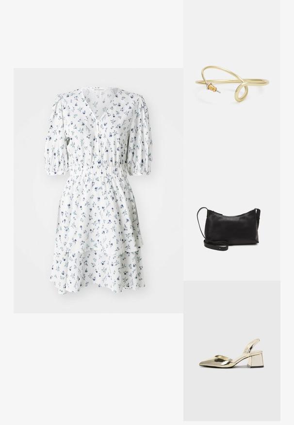 Bela cvetna obleka z modrimi vzorci, kratkimi napihnjenimi rokavi, V-izrezom, z gumbom za zapiranje, nabranim pasom in plastnatim volančkom.; Zlati, kovinski slingback čeveljci z ostrim nosom in masivnim peto. Gladka tekstura, minimalistična zasnova in ozka zanka.; Črna usnjena torba čez ramo z gladko teksturo, ukrivljeno obliko, nastavljivim trakom in zadrgo. Minimalističen dizajn brez okrasnih detajlov.; Zlato obarvan kovinski zapestnica s tekočim, ukrivljenim dizajnom. Ima majhen, izstopajoč srebrn poudarek na enem koncu.