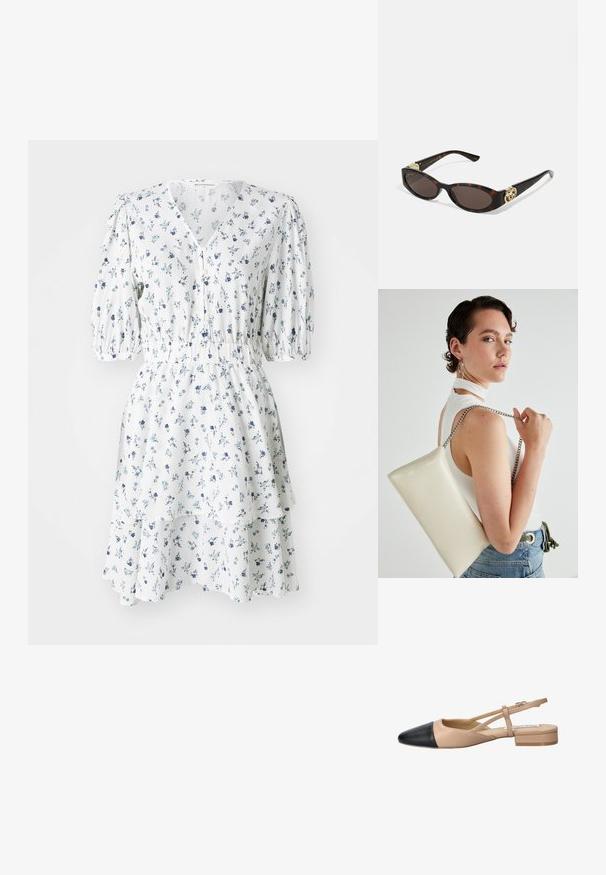 Vit blommig klänning med blå mönster, korta puffärmar, v-ringning, knappstängning, gathered midja och lager på lager volangnederkant.; Beige och svart tvåtonad slingback-sko med spetsig tå, platt klack och korsade remmar. Slät läderstruktur.; Sköldpaddsformade solglasögon med avlånga ovala linser, brunt toning, guldfärgade logotypdetaljer på skalmarna och slanka svarta skaft.; Vitt rektangulärt clutch-väsk i glänsande material, med en kedjesnor i silver. Modellen poserar och visar upp väskan mot en neutral bakgrund.