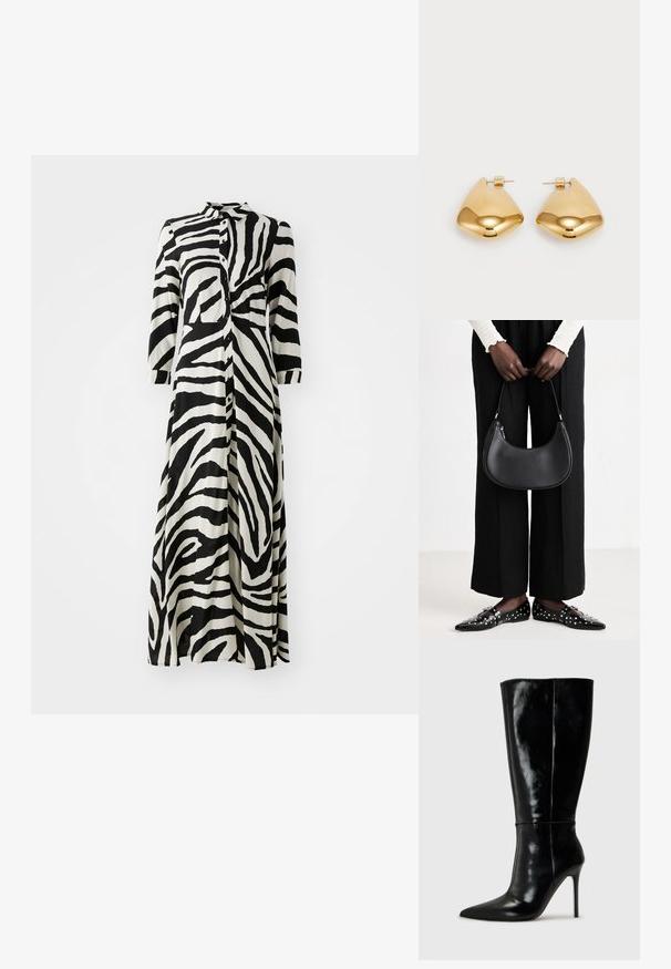 Duga košulja-dress u crno-bijelom uzorku zebra, s 3/4 rukavima, kragnom i ravnim krojem. Izrađena od lagane tkanine.; Crne kožne čizme do koljena s oštrim vrhom i visokim stiletto potpeticama. Glatka tekstura i sofisticirani dizajn, s minimalnim detaljima.; Crna kožna torba preko ramena zaobljenog oblika, s sjajnom završnom obradom i srebrnim hardverom. Osoba nosi crne hlače širokog kroja i loaferice sa studovima.; Zlatne metalne naušnice sa glatkim, zaobljenim trokutastim oblikom i dizajnom s postavljanjem na poleđini; reflektirajuća površina s minimalnim detaljima.