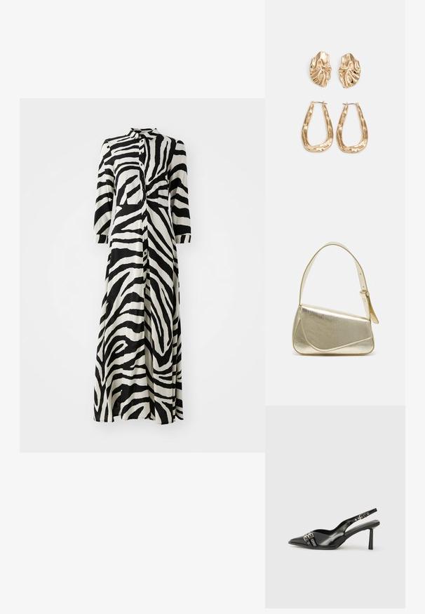 Dlouhé košilové šaty v černo-bílé zebrované potisk, s 3/4 rukávy, límečkem a rovnou siluetou. Vyrobeno z lehkého materiálu.; Černá lakovaná slingback obuv s špičatou špičkou, kotníkovými pásky s kovovými sponami a příslušenstvím, a štíhlým podpatkem.; Zlatá metalická kabelka se strukturovaným designem, hladkým povrchem a nastavitelným popruhem. Disponuje unikátním trojúhelníkovým tvarem a minimalistickým prošitím.; Náušnice ve zlatém tónu s texturovanými, vlnitými tvary. Obsahují sochařské klipy a design otevřeného kruhu s kladivkovým povrchem.